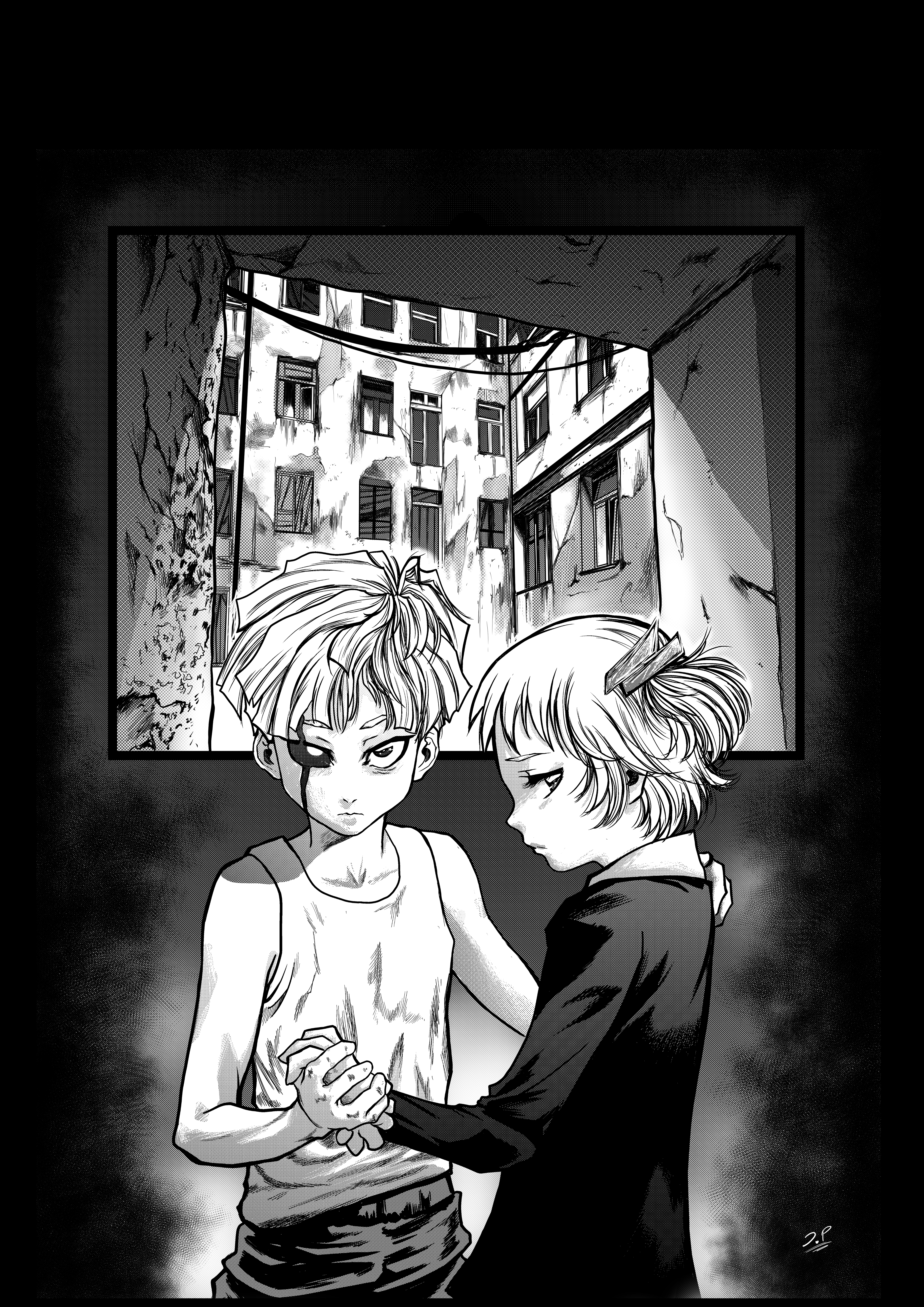 Página ilustrada en blanco y negro
